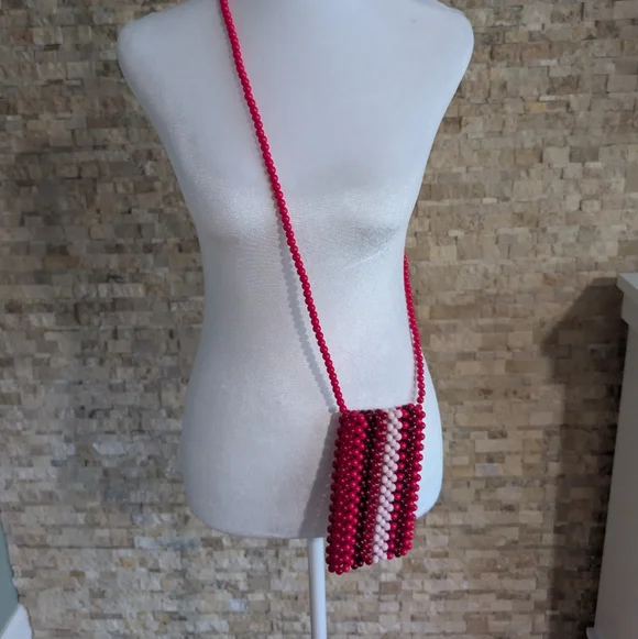 Festival Bead Purse Phone Bag Crossbody Pink Stripes Beach Concert - Picture 2 of 6